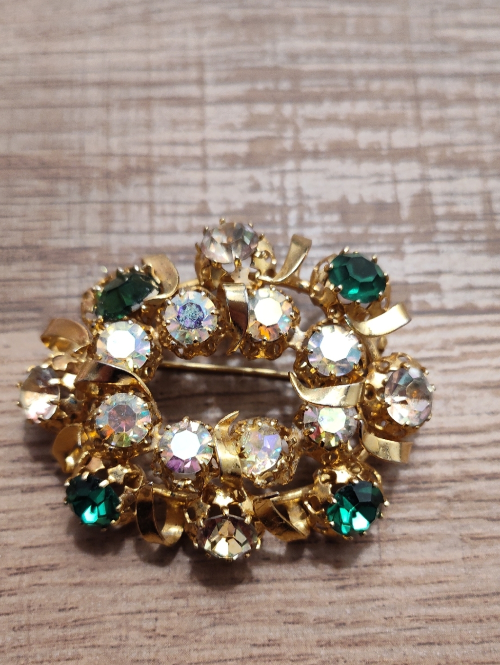 Vintage Austria Crystal Brooch • Green & AB Rhinestones • Mid‑Century Pin